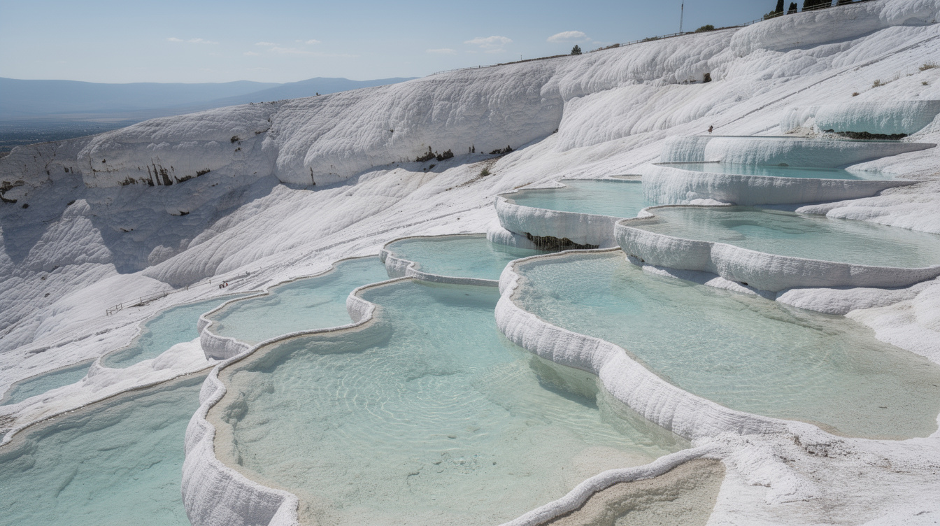 White travertine terraces and thermal pools of Pamukkale, Turkey
