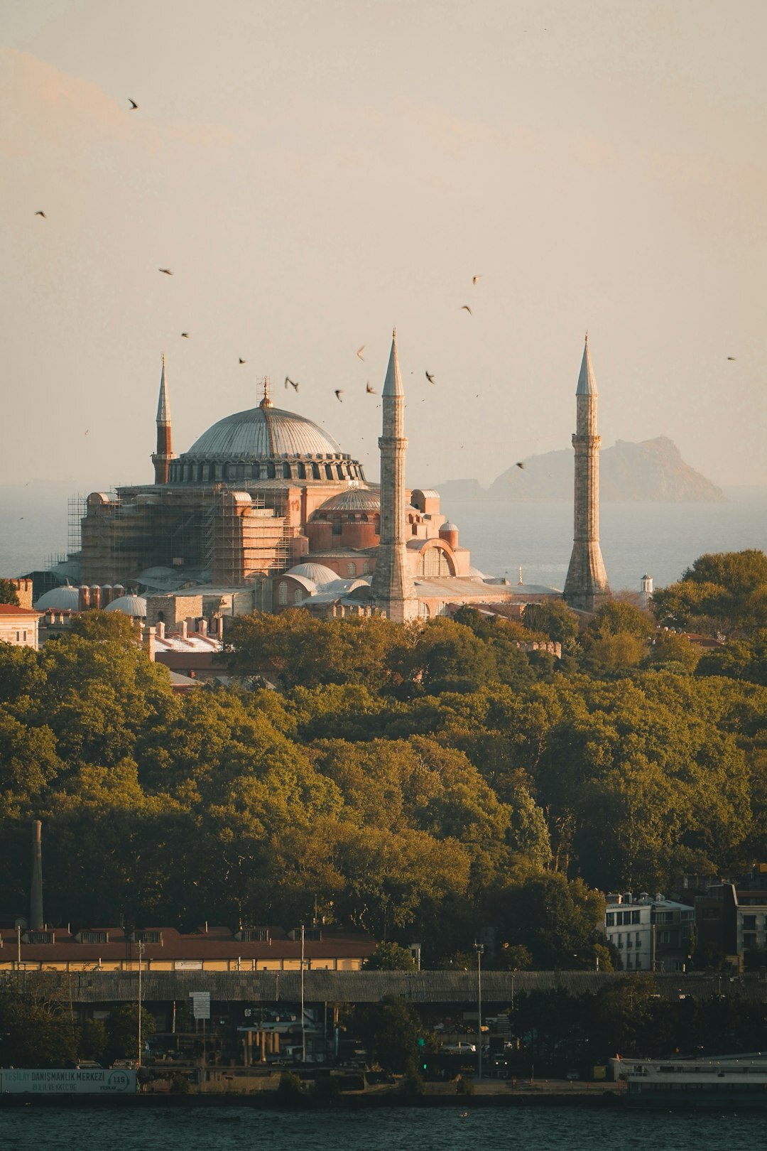 Hagia Sophia and Istanbul skyline over the Bosphorus at golden hour